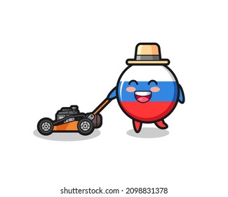 illustration of the russia flag badge character using lawn mower , cute style design for t shirt, sticker, logo element