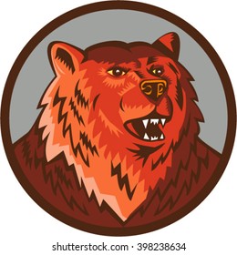 Illustration of a Russian bear or Eurasian brown bear head growling viewed from front set inside circle done in retro style. 