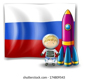 Illustration of a Russian flag at the back of the rocket and the explorer on a white background