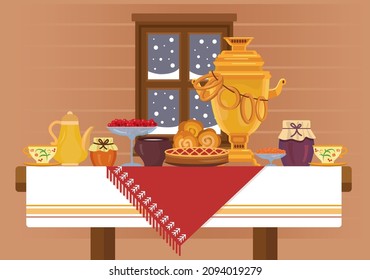 Illustration of russian food table with the samovar, pots with dishes, cups of tea, plates, a pie, cranberries, cookies and caviar red, a table in the cottage near the blue window