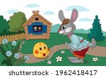 Illustration for russian traditional fairy tale Kolobok. Characters of children tale. Kolobok met a hare. Vector illustration for kids products, books or postcards