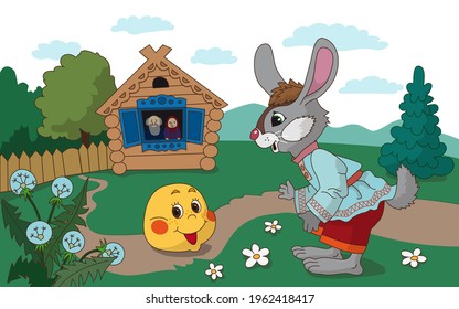 Illustration for russian traditional fairy tale Kolobok. Characters of children tale. Kolobok met a hare. Vector illustration for kids products, books or postcards