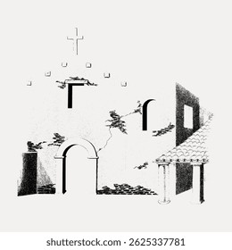 Ilustração de uma igreja rústica com uma cruz, com uma fachada úmida, porta arqueada e telhado em azulejos. Charme rústico com detalhes históricos e desgastados. Vintage arte ilustração vetor.