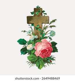 Illustration of a rustic cross adorned with vibrant flowers. Floral arrangement with roses and greenery. Cross and flowers create a serene, natural composition. Vintage flower illustration vector.