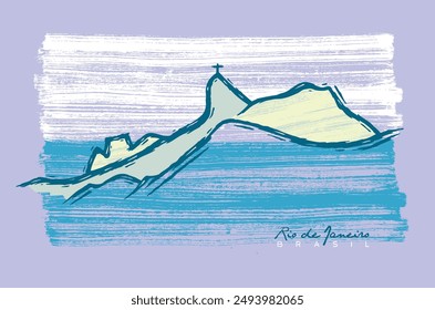 Illustration in rustic lines of silhouette of mountains in the city of Rio de Janeiro, Brazil.