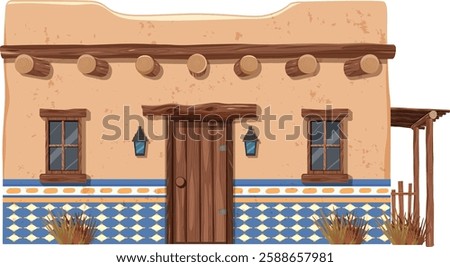 Illustration of a rustic Mexican adobe house