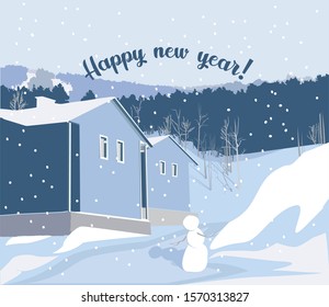 Illustration of rustic new year landscape, Snowy mountains forest, flying snowflakes, merry snowman and magical village houses, happy new year greeting card! Vector 
