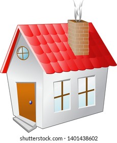Illustration of a rustic one-story house with a red roof and a brick chimney.