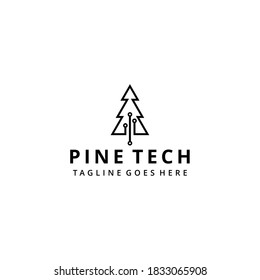 Illustration Rustic Retro Vintage Evergreen, Pines, Spruce, Cedar trees with connect technology logo design