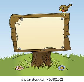 An illustration of a rustic wooden sign with copy space for your own text. Surrounded by a bird and flowers for a perfect woodland scene