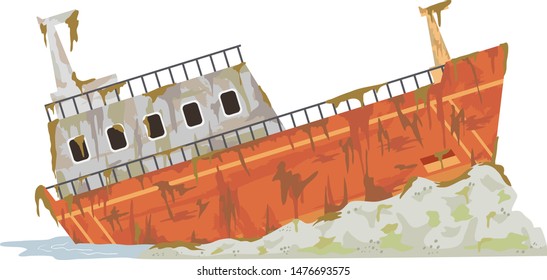 Illustration of an Rusting Abandoned Cargo Ship by the Shore