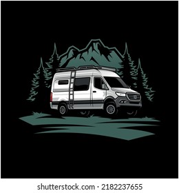 illustration of RV motor home with mountain and pines in black background