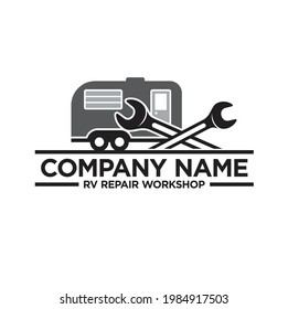 illustration of rv trailer and wrench, logo template for rv trailer and camper van repair services.