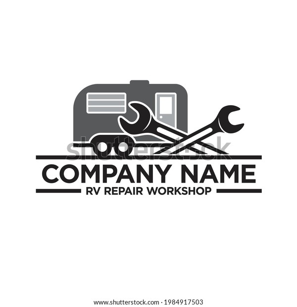 illustration of rv trailer and\
wrench, logo template for rv trailer and camper van repair\
services.