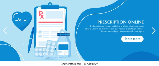 Illustration of the RX prescription drug. Vector rx recipe. The horizontal blue slider of the web banner. Medications and a heartbeat symbol. Medical infographics