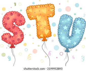 Illustration Of S T U Letters Mylar Balloons Floating With Confetti