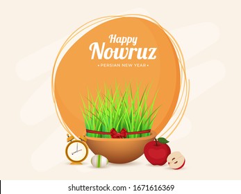 Ilustración del bol Sabzeh (hierba) con manzanas, huevos y reloj de alarma sobre el fondo marrón para feliz Nouruz, celebración del Año Nuevo persa.