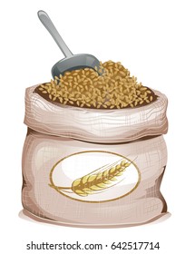 Illustration of a Sack Bag Full of Hulled Barley Grains and a Grain Scoop