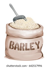 Illustration of a Sack Bag Full of Pearl Barley Grains and a Grain Scoop