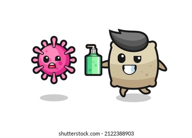 illustration of sack character chasing evil virus with hand sanitizer , cute style design for t shirt, sticker, logo element