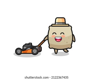 illustration of the sack character using lawn mower , cute style design for t shirt, sticker, logo element