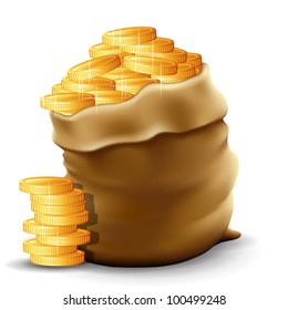 Illustration of a sack with full gold coins in it. Contain  transparencies & gradient meshes. Transparent shadows placed on layer beneath.