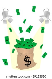 Illustration of a sack full of money and spotlights