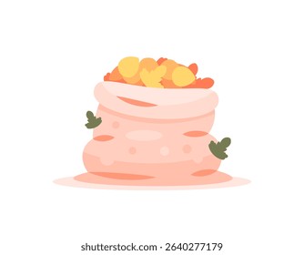 illustration of a sack of leaves. autumn leaves, orange and yellow. leaves in a sack. foliage or dry leaves. flat style design. autumn design elements or assets