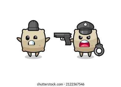 ilustración del ladrón de sacos con las manos arriba pillada por la policía, diseño de estilo lindo para camiseta, pegatina, elemento logo