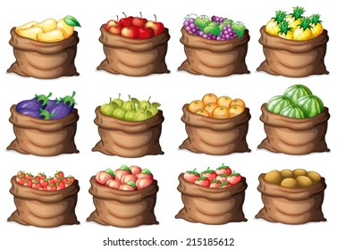 Illustration of the sacks with different fruits on a white background