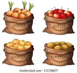 Illustration of the sacks of fruits and crops on a white background