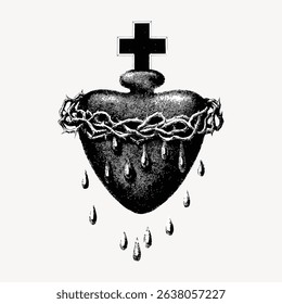 Illustration of a sacred heart with thorns and a cross. The heart is surrounded by thorns, with a cross above. Drops fall from the sacred heart, symbolizing devotion. Vintage art illustration vector.