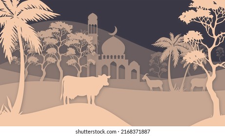 illustration of sacrificial animal design on the background of mosques and mountains in vector format