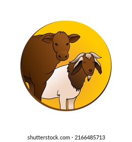 The illustration of the sacrificial animals of cows and goats in brown and white color is suitable for the theme of the Islamic day of sacrifice
