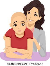 Illustration of a Sad Bald Teenage Girl Being Comforted by Her Mother