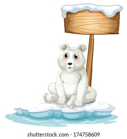 Illustration of a sad bear above the iceberg with an empty signboard on a white background
