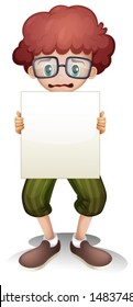 Illustration of a sad boy holding an empty signage on a white background