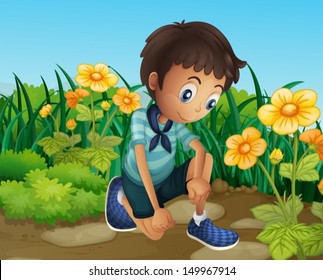 Illustration of a sad boy near the blooming flowers