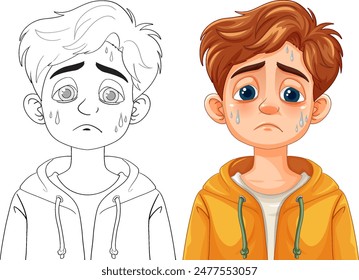 Illustration of a sad boy sweating