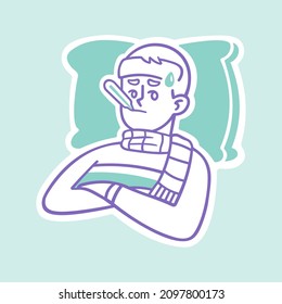 Illustration of a sad boy who is sick. He lies in bed on a soft pillow and measures the temperature. You can use this illustration on informative posters, brochures, and websites. Do not be ill!