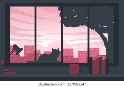 ilustración de un gato triste en la ventana de la casa
