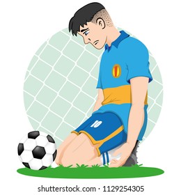 Illustration of sad caucasian football player kneeling in front of a ball, defeated, eliminated, losing. Ideal for sports and educational materials