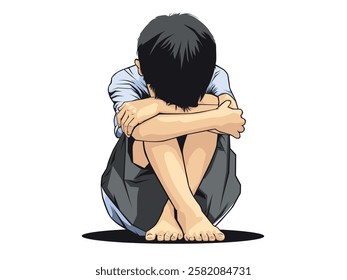 Illustration of a sad child sitting alone, concept of loneliness and depression