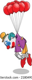 an illustration of a sad clown being dragged by floating balloons
