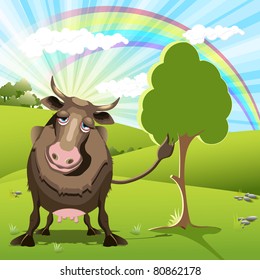 illustration, the sad cow on green landscape