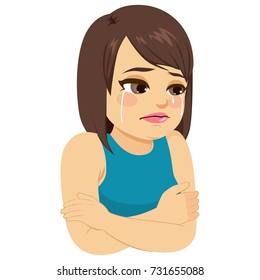 Illustration of sad depressed crying girl with arms crossed protection concept