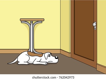 Illustration Of A Sad Dog With Longing Waiting For His Owner To Get Home. Item For Institutional And Veterinary Materials