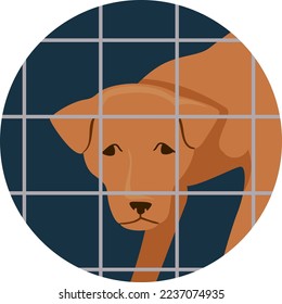 Illustration of a Sad Dog Looking from Inside a Cage or Other Side of Metal Grille Wire Fence