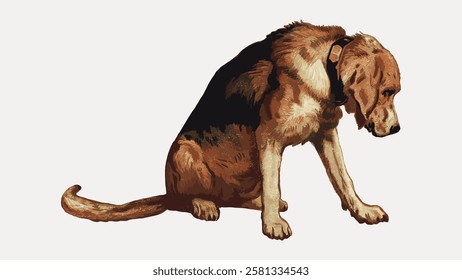 Illustration of a sad dog sitting, looking down. The dog has a collar and a brown, black, and tan coat. The sad dog appears thoughtful and calm. Vintage dog illustration isolated on white, vector.