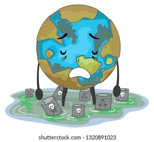 Illustration of a Sad Earth Mascot Standing Among Toxic Waste in the Ocean